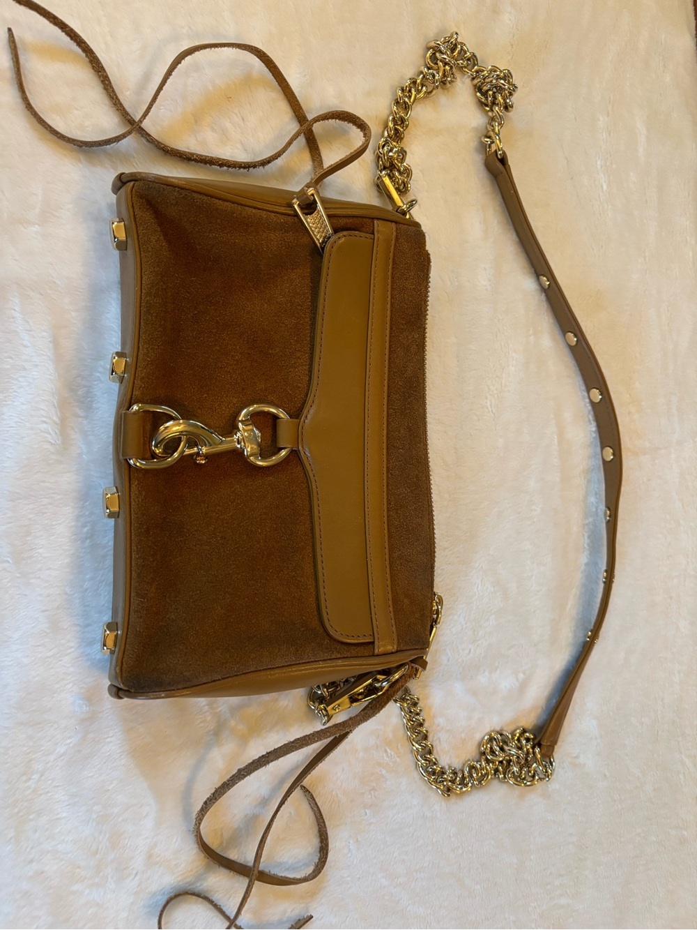 Rebecca Minkoff Brown Suede Shoulder Bag with Gold Chain